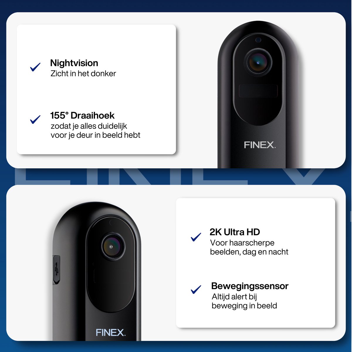 Afbeelding 3 van Finex™ Video Deurbel V2 - Inclusief Binnenbel - Vast stroom of Batterijen - WiFi - Dag en Nachtmodus - Zonder abonnement - T Ring - Video deurbel met Camera - Werkt als Eufy en Ring