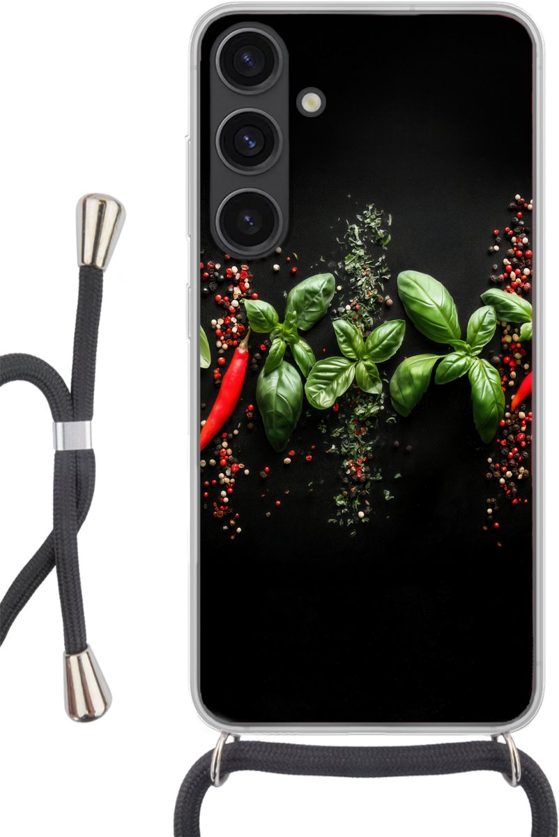 Telefoonhoesje Geschikt voor Samsung Galaxy S24 - Chilipepers - Basilicum - Blaadjes - Rood - Siliconen - Crossbody - Backcover met Koord - Telefoonhoesje met koord - Hoesje met touw Telefoonhoesje