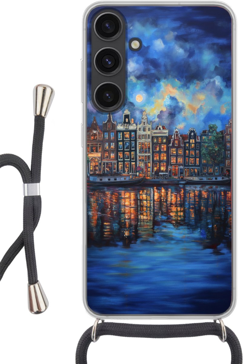 Telefoonhoesje Geschikt voor Samsung Galaxy S24 Plus - Grachten Amsterdam - Huizen - Stad - Kleurrijk - Siliconen - Crossbody - Backcover met Koord - Telefoonhoesje met koord - Hoesje met touw Telefoonhoesje