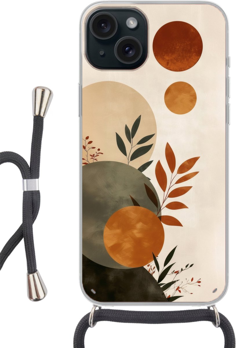 Telefoonhoesje Geschikt voor iPhone 15 Plus - Vormen - Rond - Bladeren - Beige - Siliconen - Crossbody - Backcover met Koord - Telefoonhoesje met koord - Hoesje met touw Telefoonhoesje