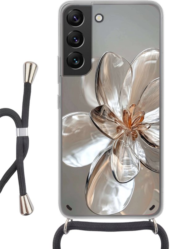 Telefoonhoesje Geschikt voor Samsung Galaxy S22 - Bloem - Glazen - Doorzichtig - Siliconen - Crossbody - Backcover met Koord - Telefoonhoesje met koord - Hoesje met touw Telefoonhoesje