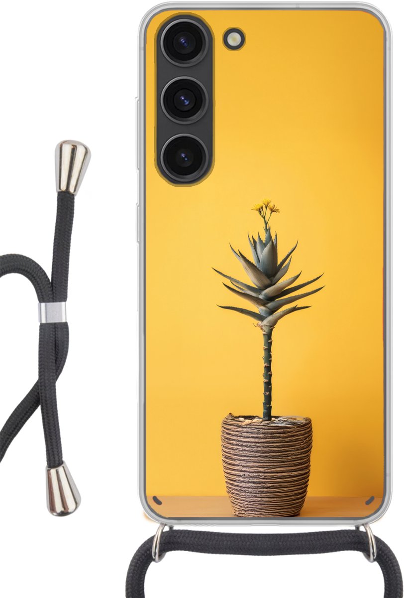 Telefoonhoesje Geschikt voor Samsung Galaxy S23 - Plant - Minimalistisch - Bloem - Geel - Siliconen - Crossbody - Backcover met Koord - Telefoonhoesje met koord - Hoesje met touw Telefoonhoesje