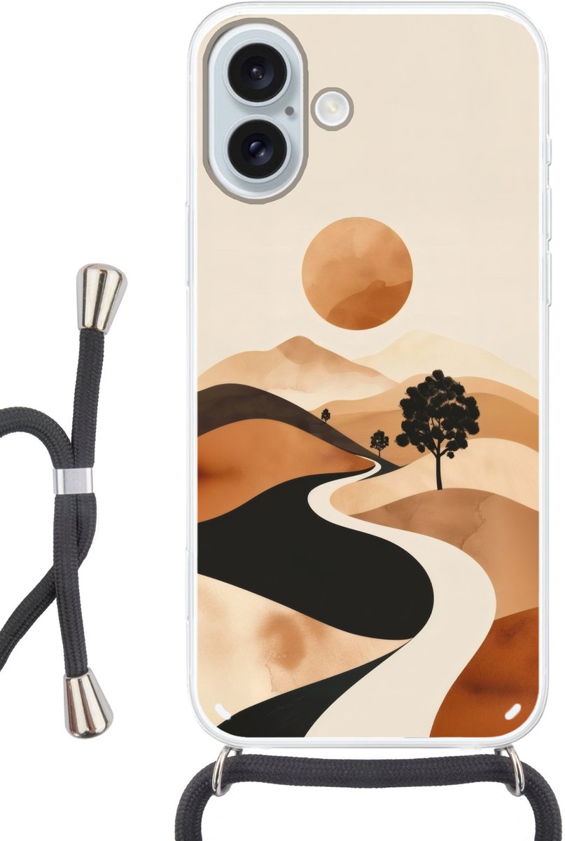Telefoonhoesje Geschikt voor iPhone 16 Plus met koord - Zon - Heuvels - Boom - Abstract - Siliconen - Crossbody - Backcover met Koord - Telefoonhoesje met koord - Hoesje met touw Telefoonhoesje