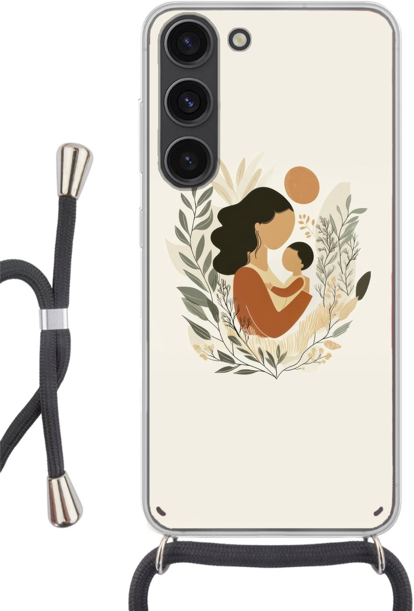 Telefoonhoesje Geschikt voor Samsung Galaxy S23 - Illustratie - Moeder - Kind - Liefdevol - Siliconen - Crossbody - Backcover met Koord - Telefoonhoesje met koord - Hoesje met touw Telefoonhoesje