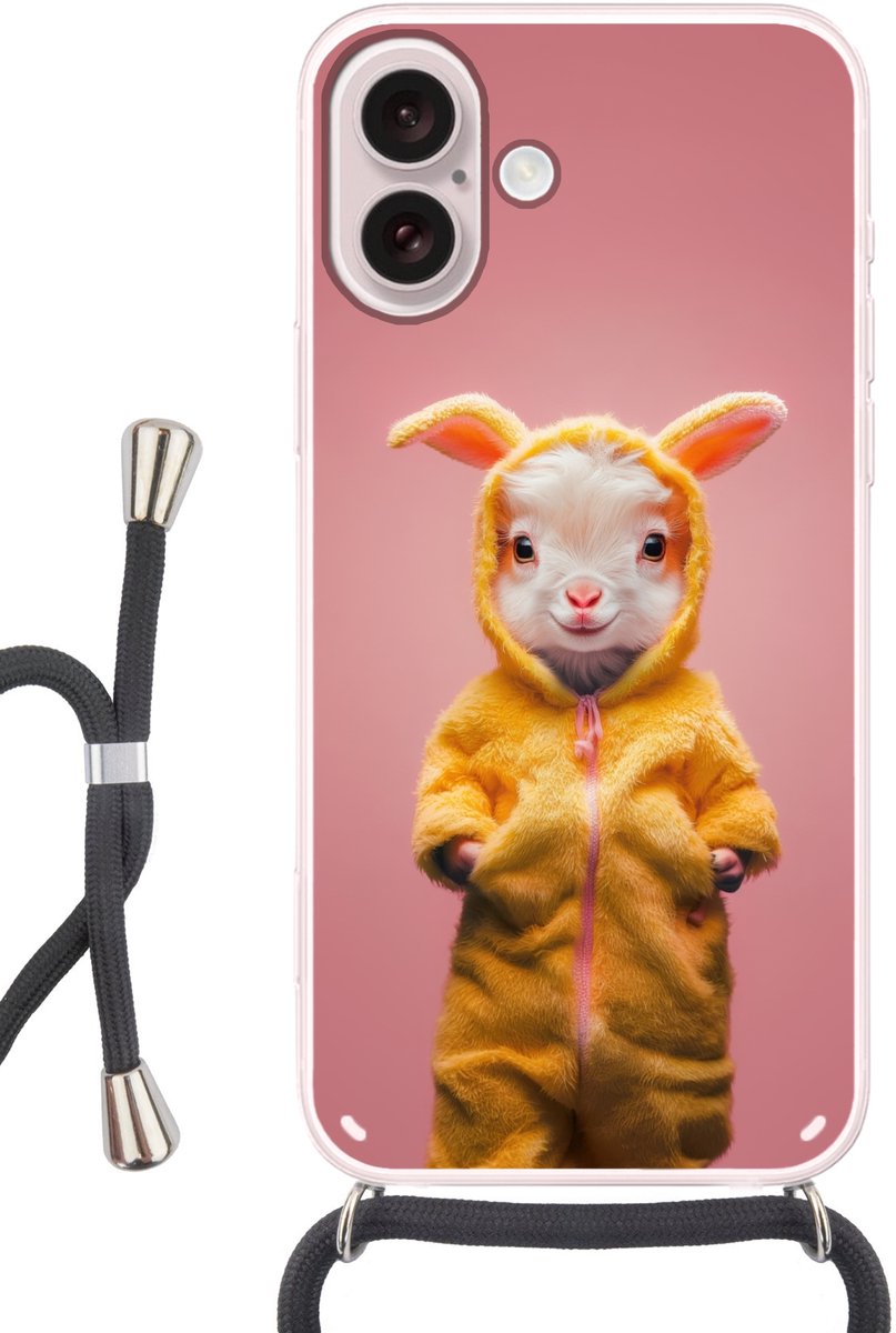 Telefoonhoesje Geschikt voor iPhone 16 - Kostuum - Geitje - Paashaas - Siliconen - Crossbody - Backcover met Koord - Telefoonhoesje met koord - Hoesje met touw Telefoonhoesje