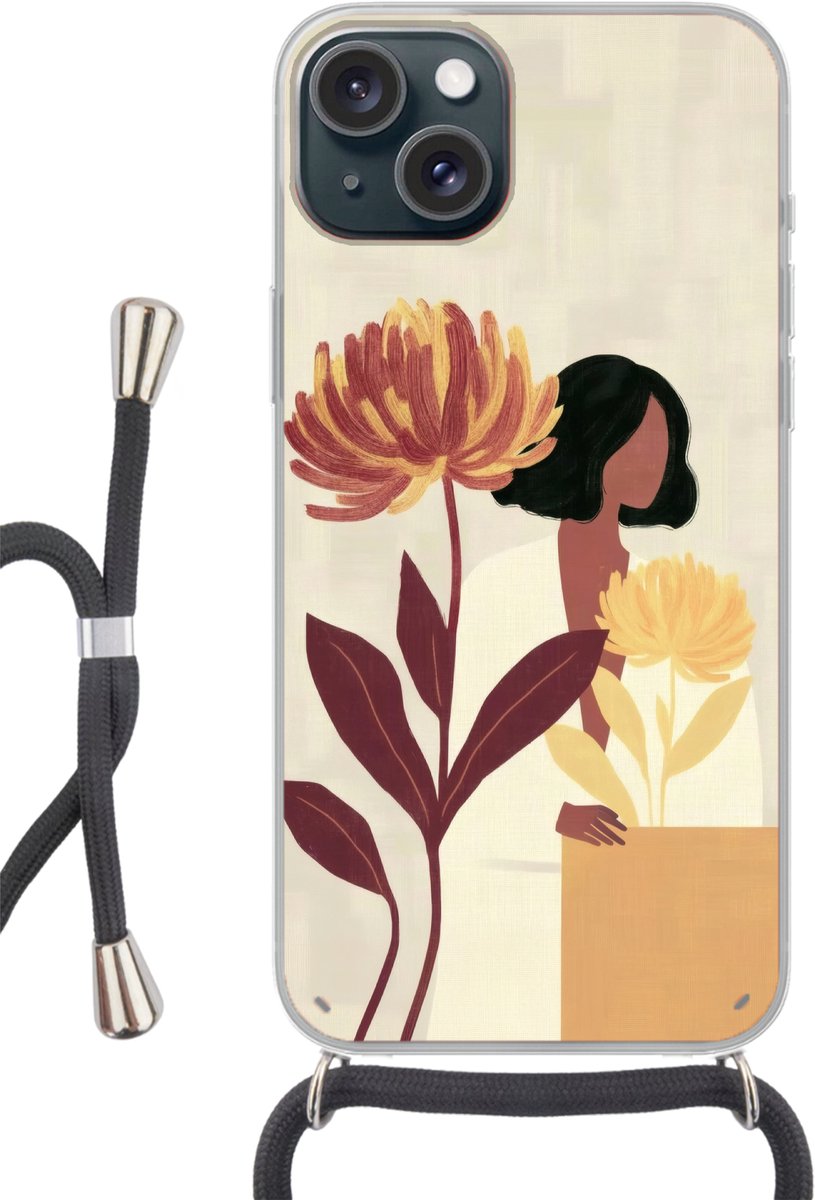 Telefoonhoesje Geschikt voor iPhone 15 - Vrouw - Minimalistisch - Bloem - Siliconen - Crossbody - Backcover met Koord - Telefoonhoesje met koord - Hoesje met touw Telefoonhoesje