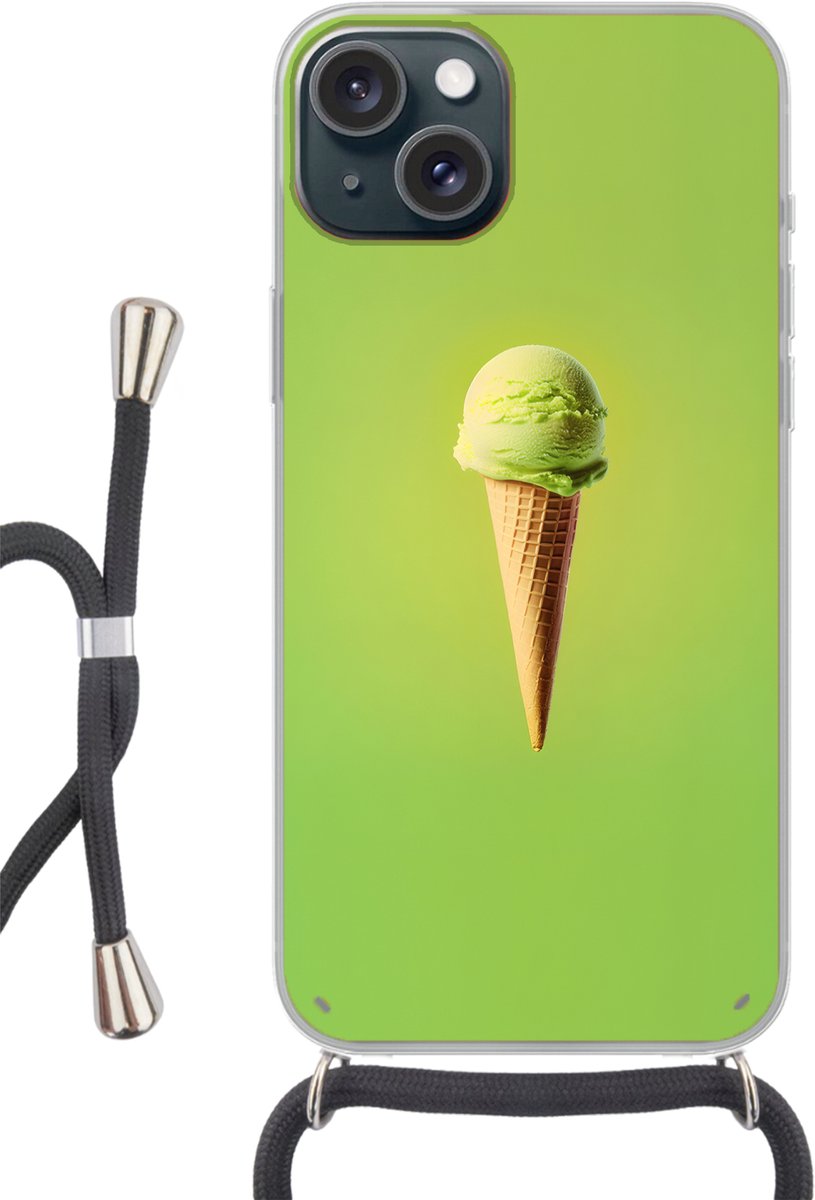 Telefoonhoesje Geschikt voor iPhone 15 - Hoorntje - Schepijs - Groen - Siliconen - Crossbody - Backcover met Koord - Telefoonhoesje met koord - Hoesje met touw Telefoonhoesje