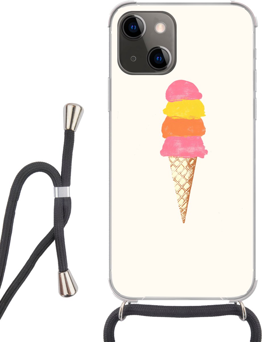 Telefoonhoesje Geschikt voor iPhone 13 - Schepijs - Hoorntje - Illustratie - Minimalistisch - Siliconen - Crossbody - Backcover met Koord - Telefoonhoesje met koord - Hoesje met touw Telefoonhoesje