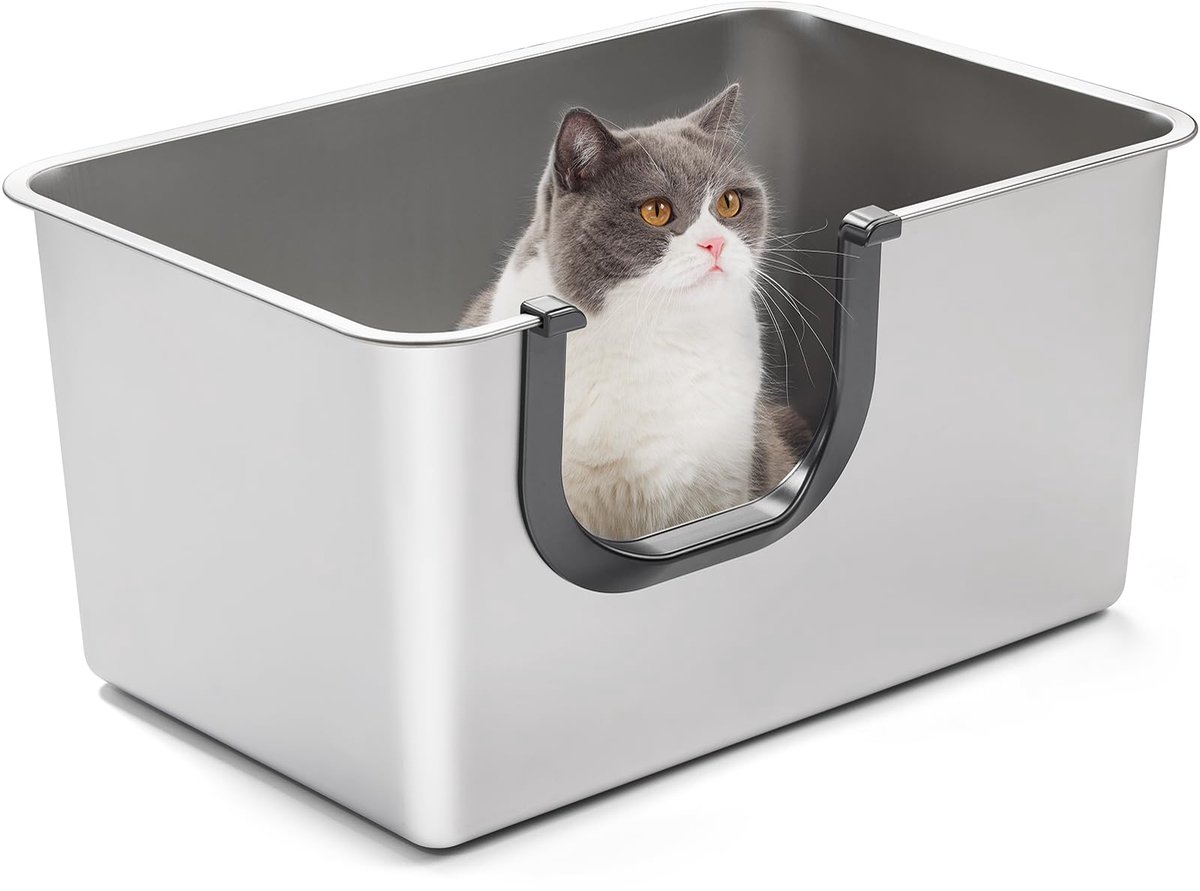 Ibenzoa® Ruime en Stevige Roestvrij Stalen Kattenbak voor Katten en Konijnen in Zilver, Open Ontwerp, 60x40x30 cm