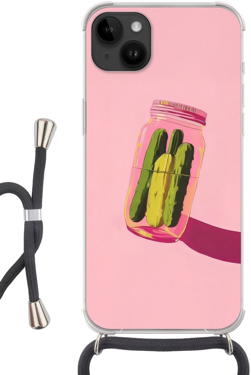Telefoonhoesje Geschikt voor Apple Iphone 14 Max - Augurken - Pot - Schaduw - Roze - Siliconen - Crossbody - Backcover met Koord - Telefoonhoesje met koord - Hoesje met touw Telefoonhoesje