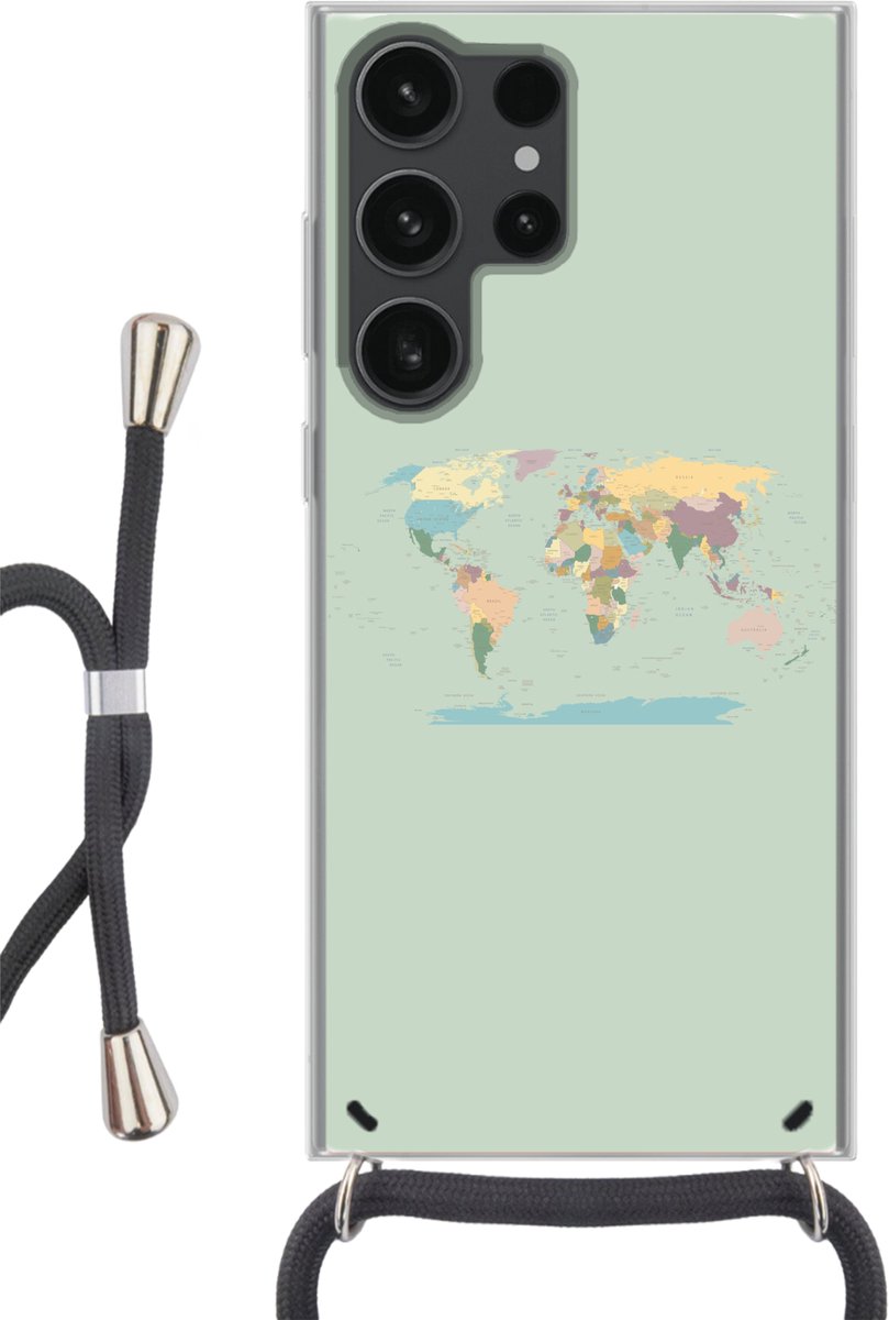 Telefoonhoesje Geschikt voor Samsung Galaxy S23 Ultra - Wereldkaart - Realistisch - Kaart - Siliconen - Crossbody - Backcover met Koord - Telefoonhoesje met koord - Hoesje met touw Telefoonhoesje