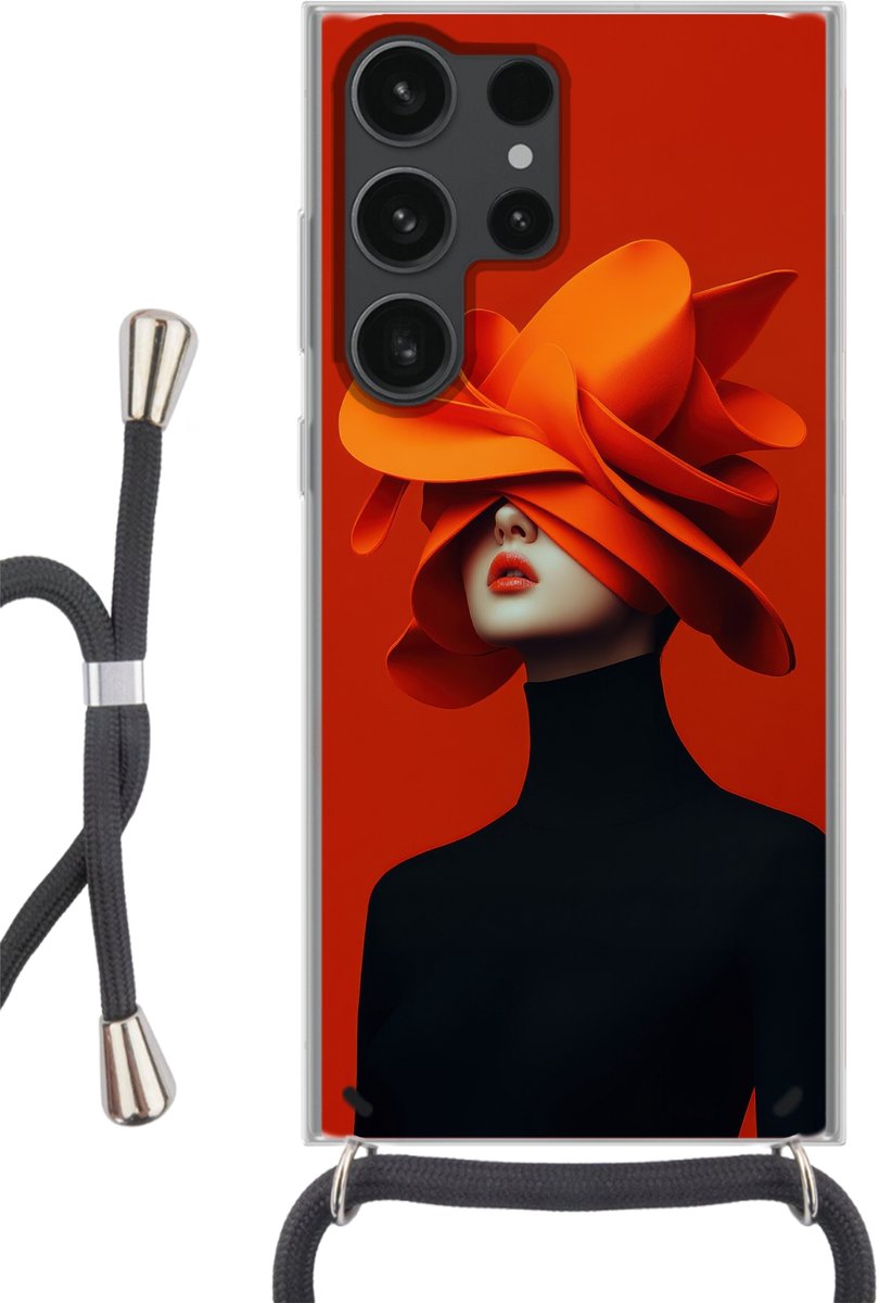 Telefoonhoesje Geschikt voor Samsung Galaxy S23 Ultra - Oranje - Hoed - Vrouw - Siliconen - Crossbody - Backcover met Koord - Telefoonhoesje met koord - Hoesje met touw Telefoonhoesje
