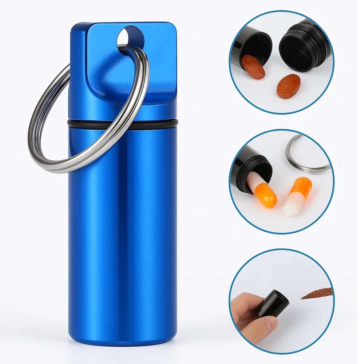 Goedkoopste Luxe Pillendoosje Sleutelhanger I Medicijn doosje I Pil Box I Pillenkoker | Aluminium I Waterdicht I Blauw