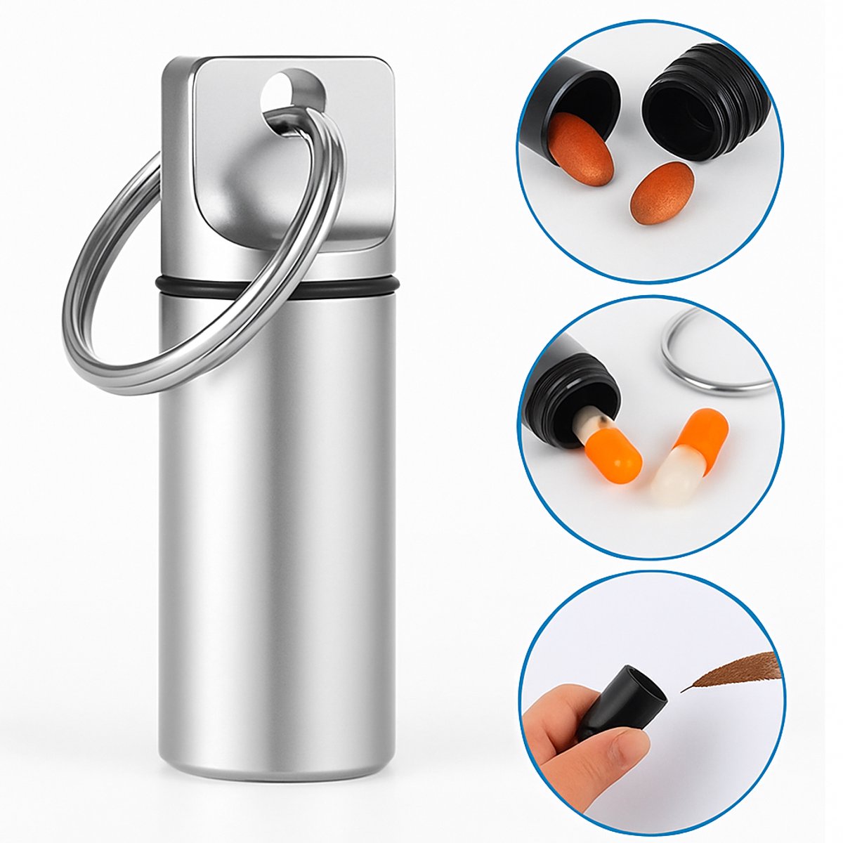 Goedkoopste Luxe Pillendoosje Sleutelhanger I Medicijn doosje I Pil Box I Pillenkoker | Aluminium I Waterdicht I Zilver