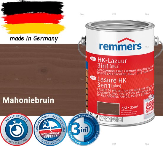 Remmers HK Lazuur 3-in-1 [plus] Mahoniebruin - Premium Houtbeits voor Buiten | Transparant, Sneldrogend, Oplosmiddelarm | 2,5Liter