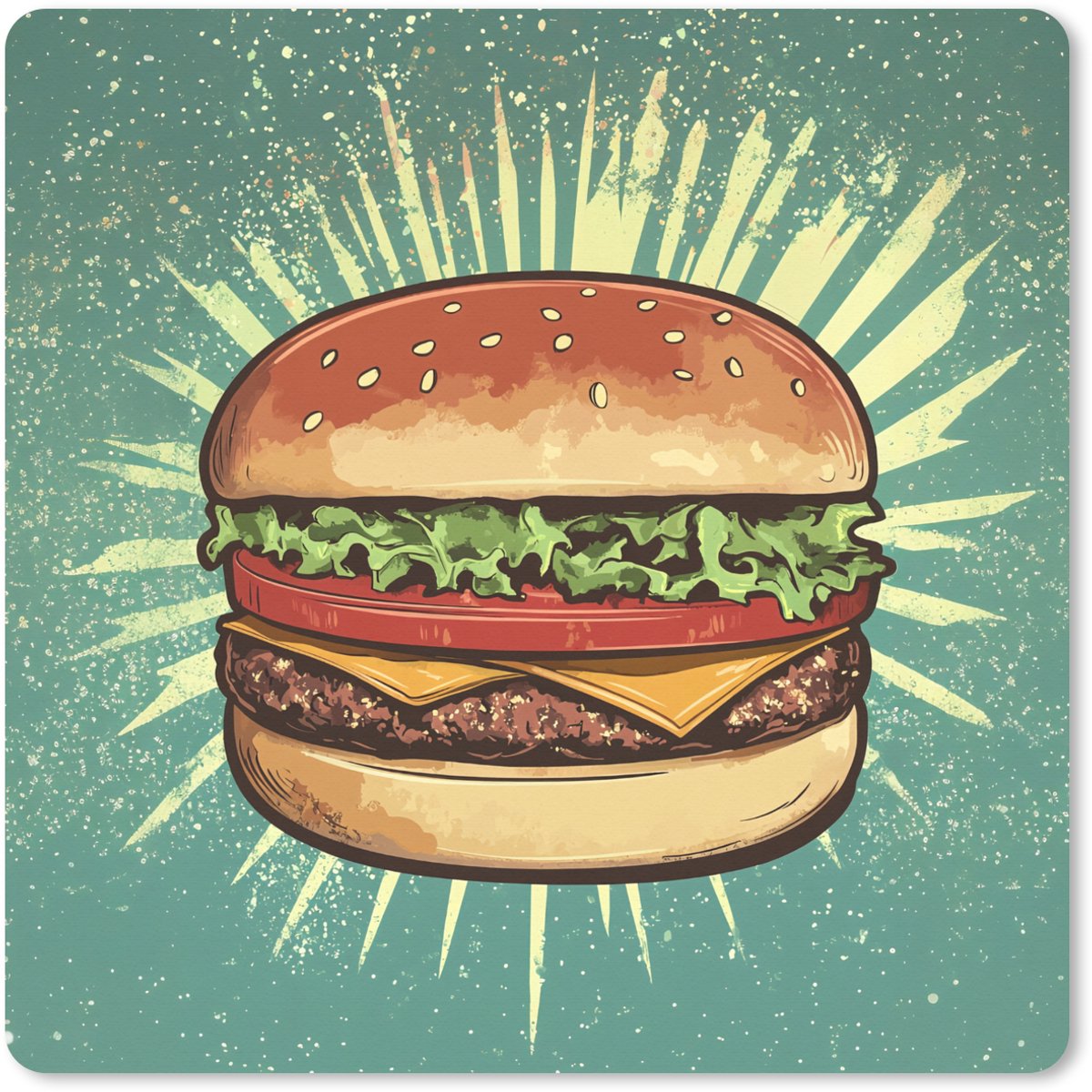 Muismat XXL 40x40 cm - Bureau onderlegger - Bureau mat Hamburger - Illustratie - Sla - Kaas - Bureaumat - Gaming mousepad xl - Bureaulegger groot - Computer deskmat
