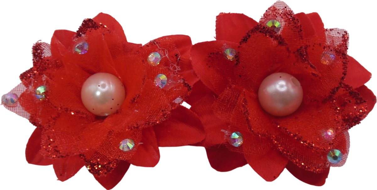 2 roosjes klein puntbladeren rood met tule+parel+strass