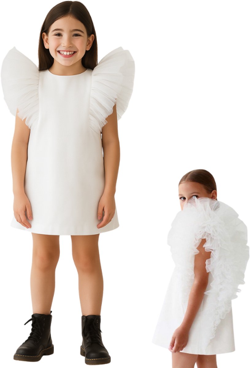 Joya Kids® Bruidsmeisje Jurk Meisje Spierwit met Tule Pofmouwen | Feestjurk Tule Mouwen | Prinsessen jurk Spier Wit | Feestjurk Communie | Kinderjurk Bruiloft | Voor 2 tot 10 jaar oud | Maat 110