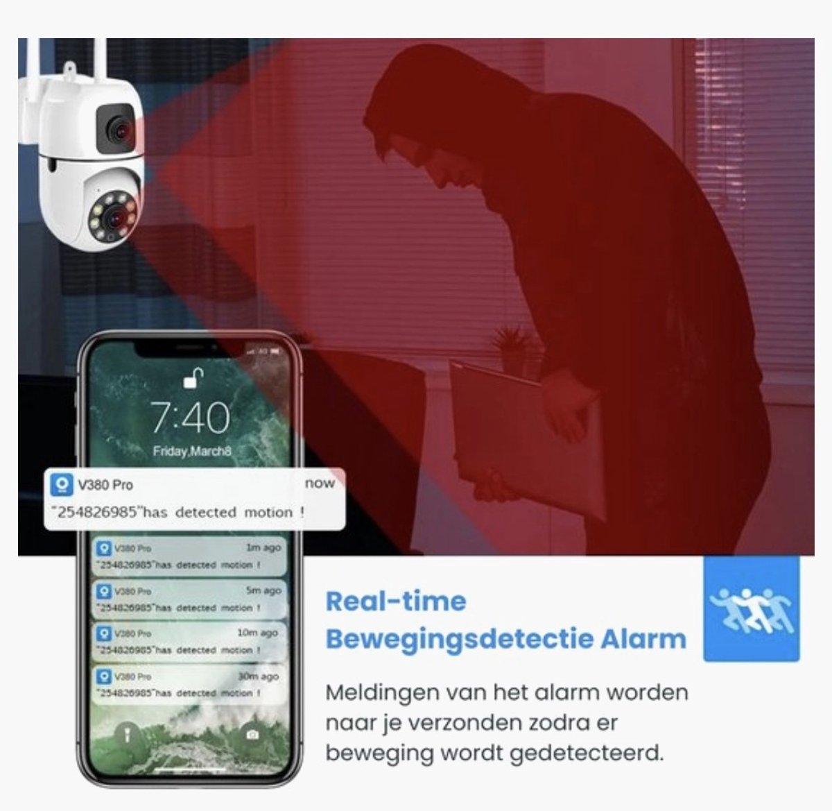Afbeelding 2 van Beveiligingscamera Voor Buiten en Binnen - 360° Draaibare Camera met Nachtzicht - 4MP Dubbele Lens - Bewegingsdetectie & Alarm - WiFi - Tweerichtingsaudio - Camerabewaking