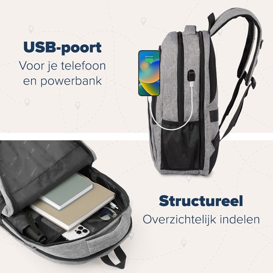 Grijze rugzak met een USB-poort voor het opladen van een telefoon en een open vak met spullen.
