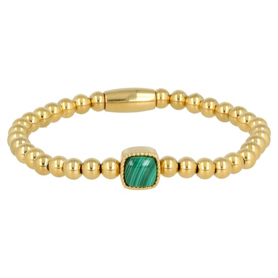 My Bendel Goudkleurige elastische bedelarmband met Malachite steen - Goudkleurige armband met Malachiet steen - Met luxe cadeauverpakking