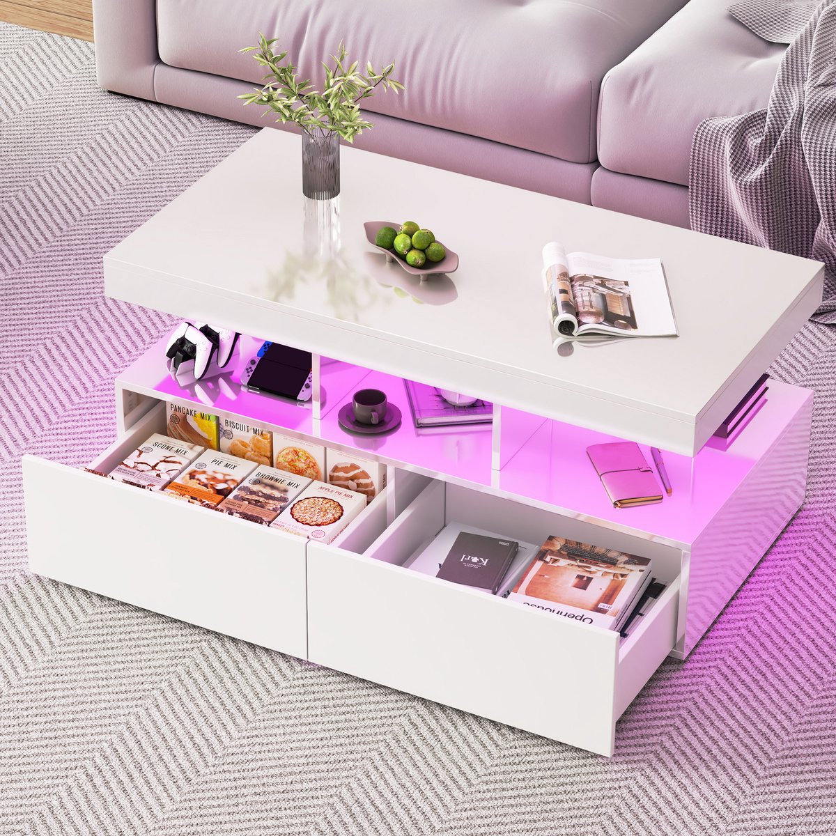 Hoogglans salontafel met LED-verlichting, moderne salontafel met opbergruimte, Geschikt voor woon- en slaapkamers, 104 x 53 x 46 cm, Wit