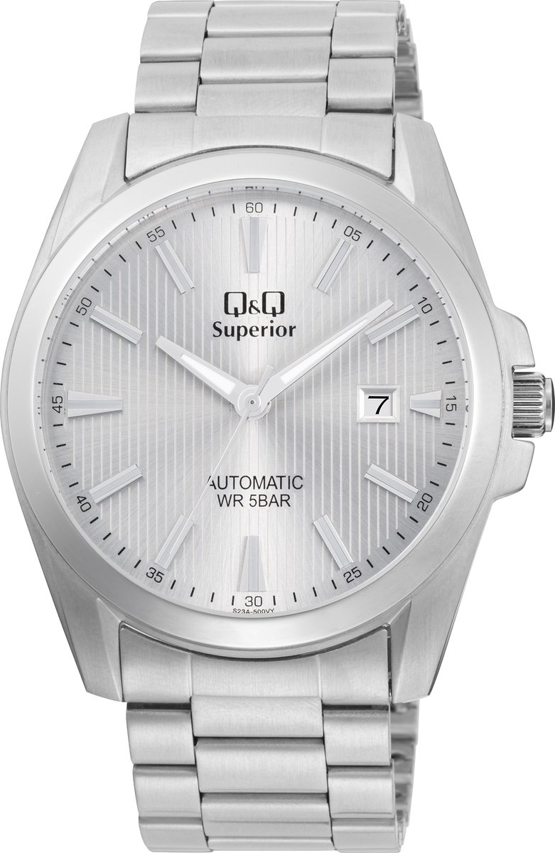 QQ S23A-500VY - Horloge - Polshorloge - Analoog - Automatisch uurwerk - Mannen - Heren - stalen band - Rond - Metaal - Streepjes - Datumaanduiding - Zilverkleurig