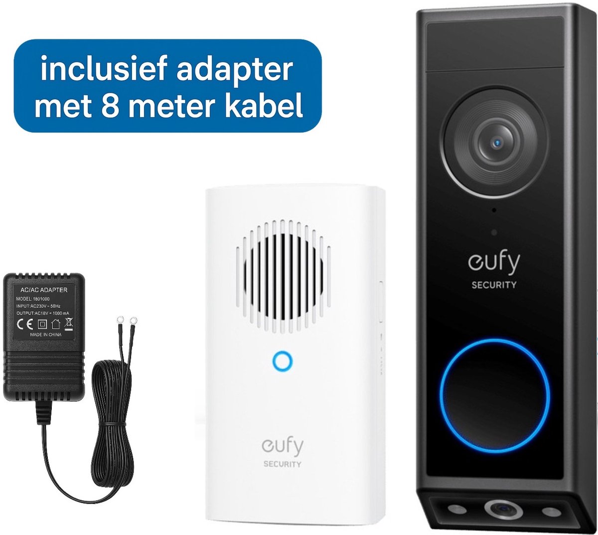 eufy Security E340 Video Deurbel met Chime – Video Doorbell - Dual-Cam technologie, 2K Full HD-resolutie, kleur nachtzicht, AI-pakketdetectie + deurbel adapter met 8 meter kabel - Bundelvoordeel - eufy - €169,00