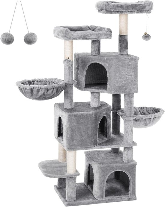 Hoppa! - Krabpaal Groot met 3 Kattengrotten - Grijs - 41 x 56 x 164 cm (L x B x H)