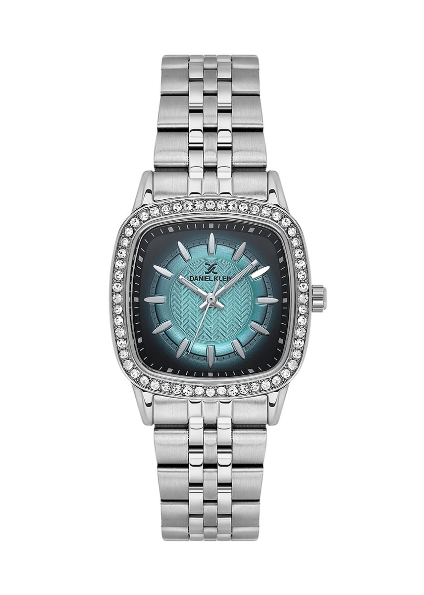 Daniel Klein DK.1.13944-1 - Horloge - Polshorloge - Analoog - Dames - Vrouwen - Stalen band - Agerond vierkant - Metaal - Streepjes - Briljant zilverkleurig - Turkooisgroen