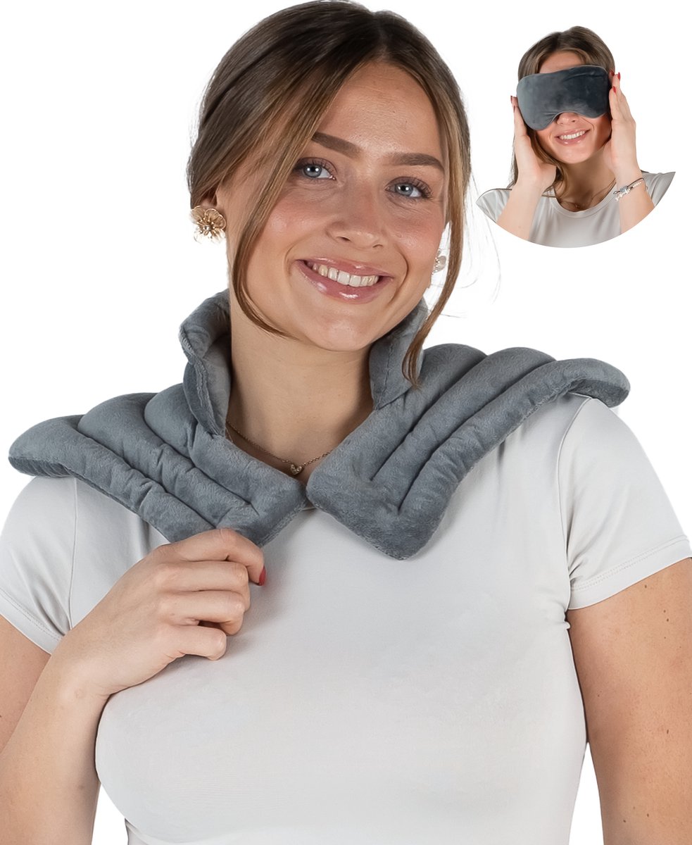 Goedkoopste Chillaxy - Warmtekussen Nek en Schouder - Kersenpitkussen - Pittenzak magnetron - Pittenkussen - Grijs - Incl Oogmasker