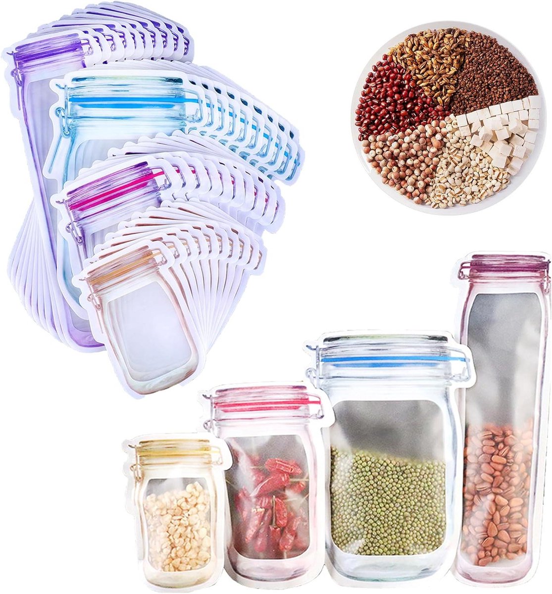 JGS Premium - Herbruikbare Ziplock Zakken voor Mason Jar Flessen - 30 Stuks in Vier Maten - Lekvrij - Vriezer Seal - Opbergzakken voor Snacks en Kamperen