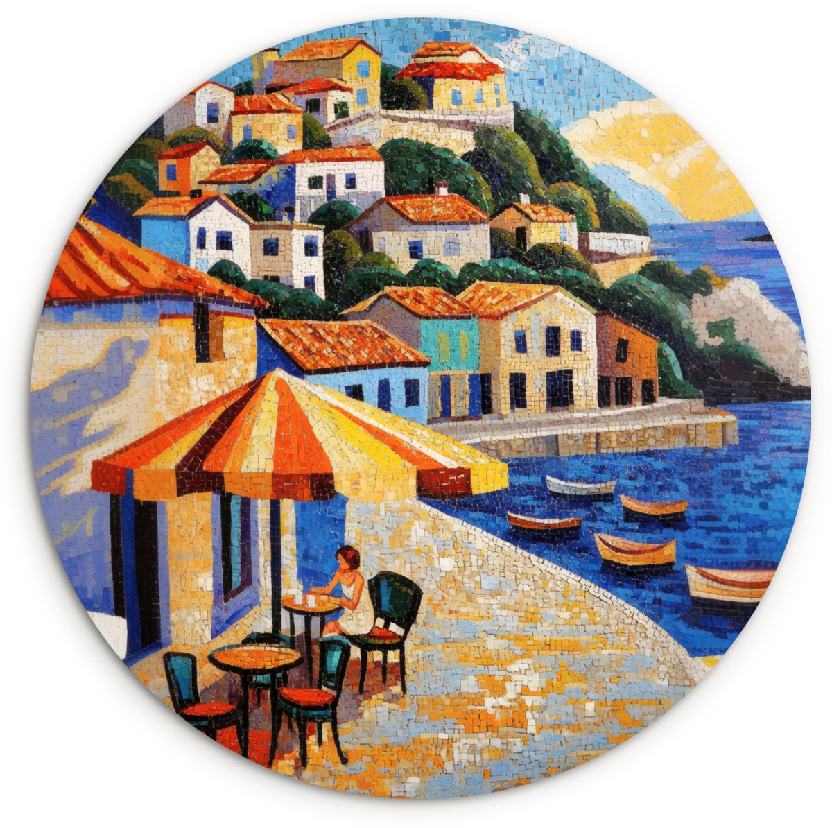 WallCircle Wandcirkel 90x90 cm - Muurcirkel Kustdorp - Huisjes - Mozaïek - Zee - Muurdecoratie woonkamer - Wanddecoratie slaapkamer - Kamer decoratie accessoires - Ronde schilderijen Zee - Dorp - Mozaïek