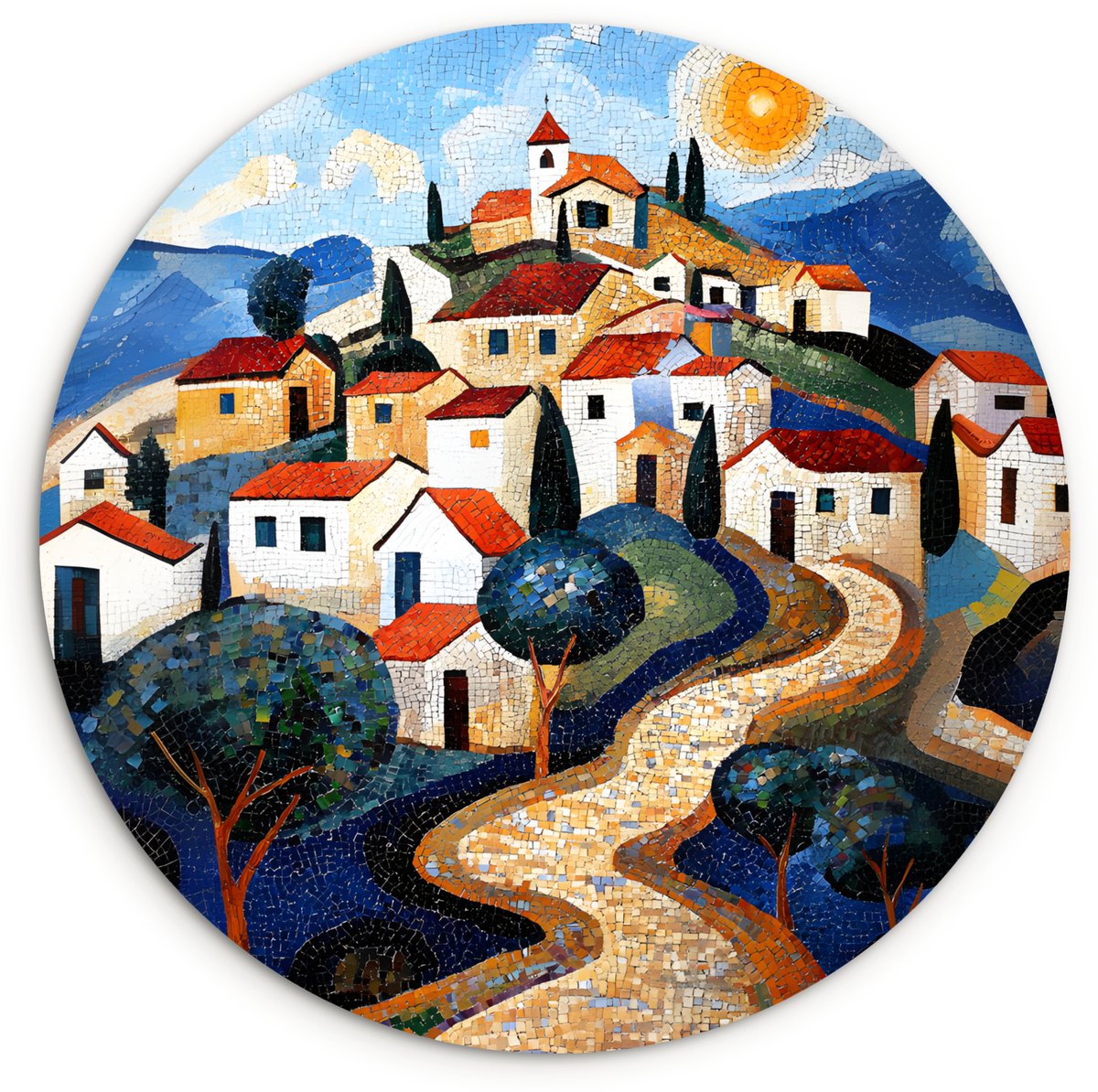 WallCircle Wandcirkel 60x60 cm - Muurcirkel Dorp - Heuvelachtig - Zon - Mozaïek - Muurdecoratie woonkamer - Wanddecoratie slaapkamer - Kamer decoratie accessoires - Ronde schilderijen Dorp - Heuvel - Zon