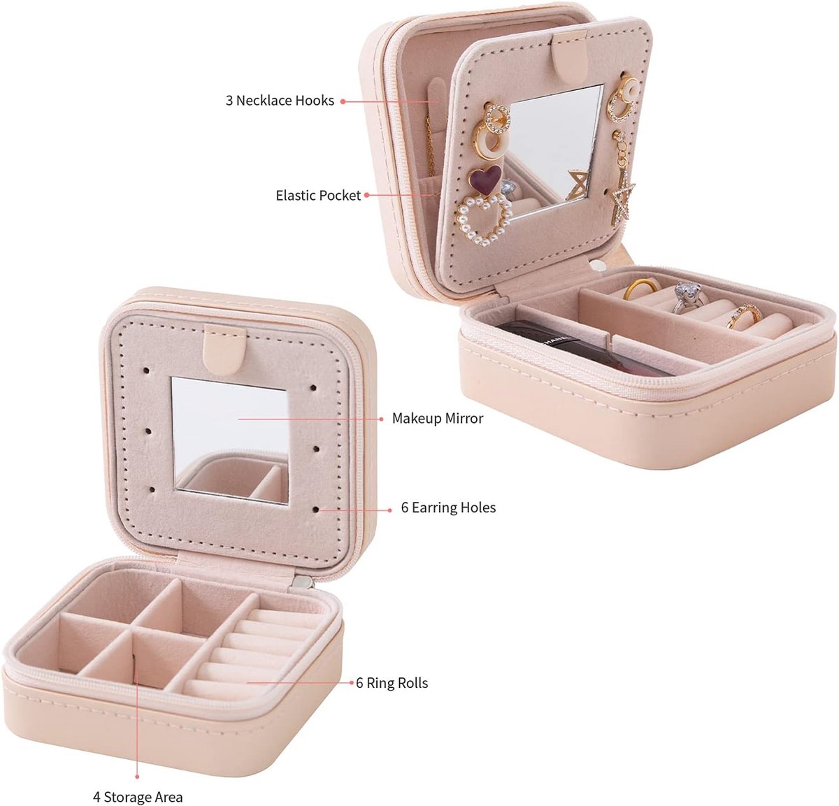 BOTC Sieradendoos - Sieraden Organiser met Spiegel - Cadeau voor Vrouwen en Meisjes - Roze — cadeau in Sieraden - foto 7