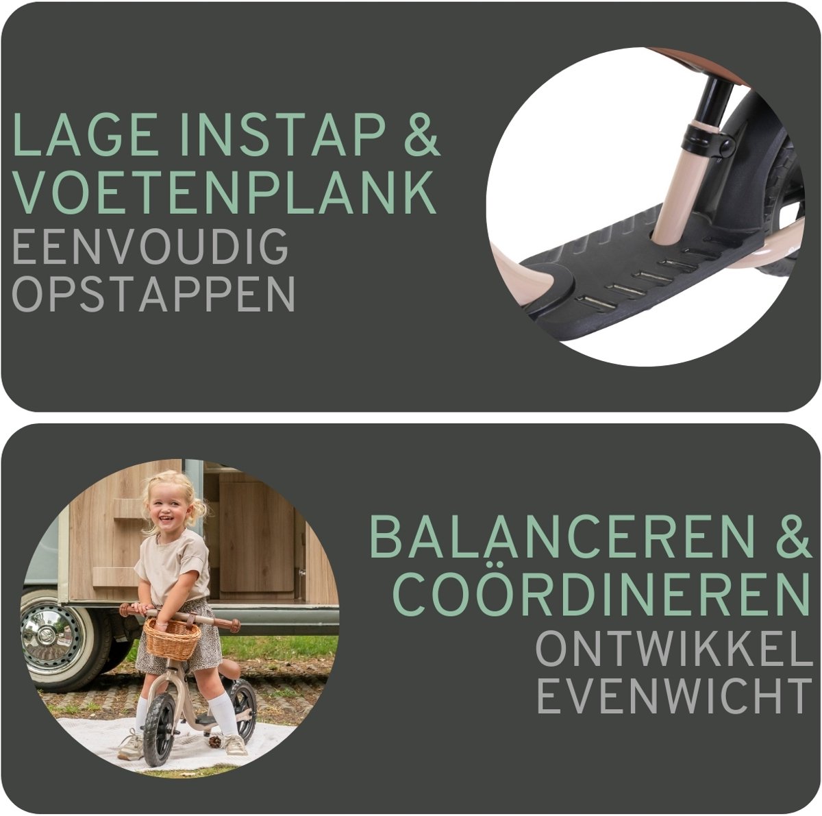 Bandits & Angels Metalen Loopfiets Met Mandje Starter Vintage Sand Beige met Voetenplank vanaf 2 Jaar - Limited Edition - Beige Loop Fiets - Verstelbaar Zadel 29 tot 39 cm - Voor Jongens en Meisjes - Compact en Veilig - Lage Instap met Voetenplank — afbeelding 2