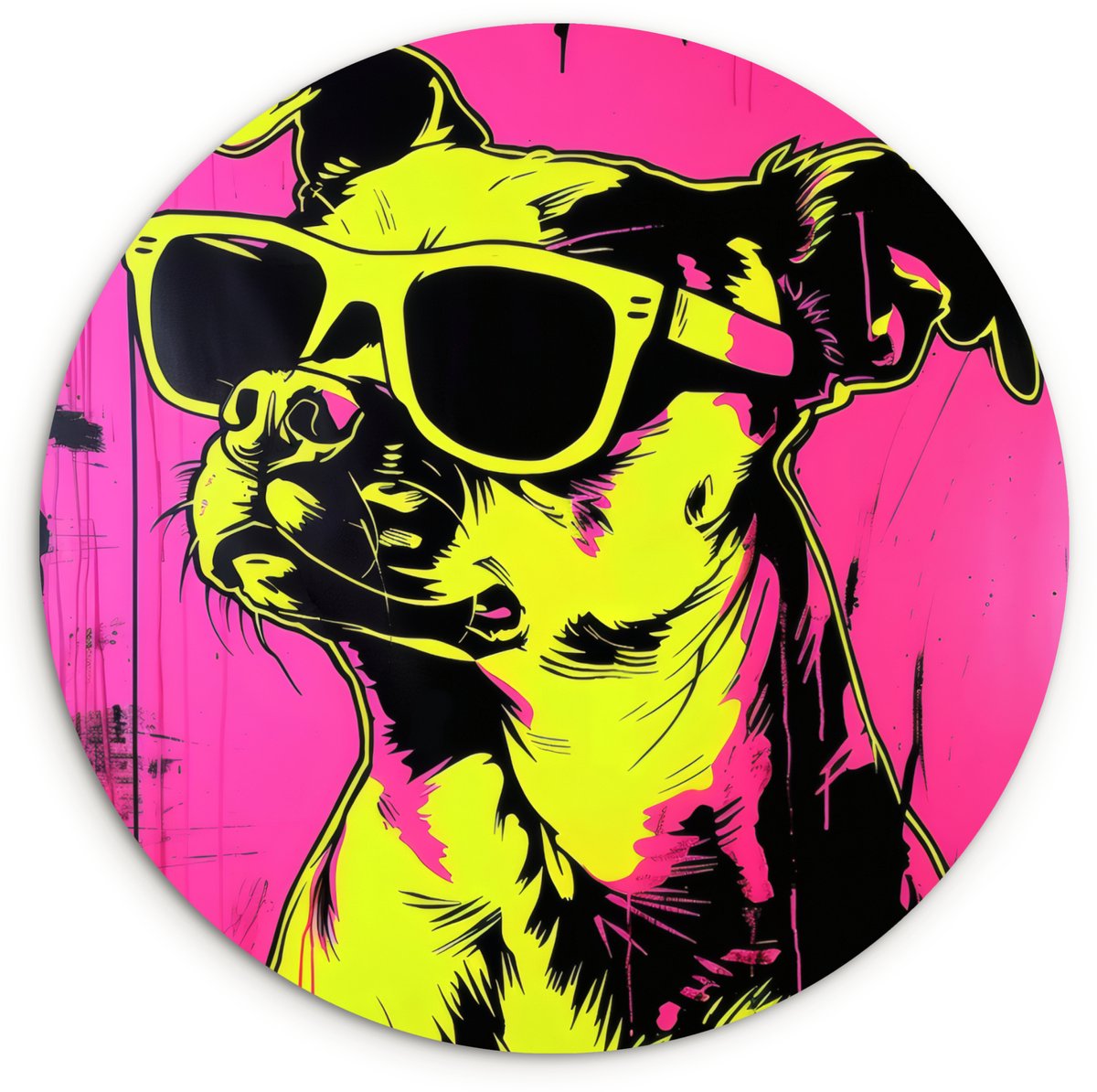 WallCircle Wandcirkel 90x90 cm - Muurcirkel Hond - Zonnebril - Roze - Art - Muurdecoratie woonkamer - Wanddecoratie slaapkamer - Kamer decoratie accessoires - Ronde schilderijen