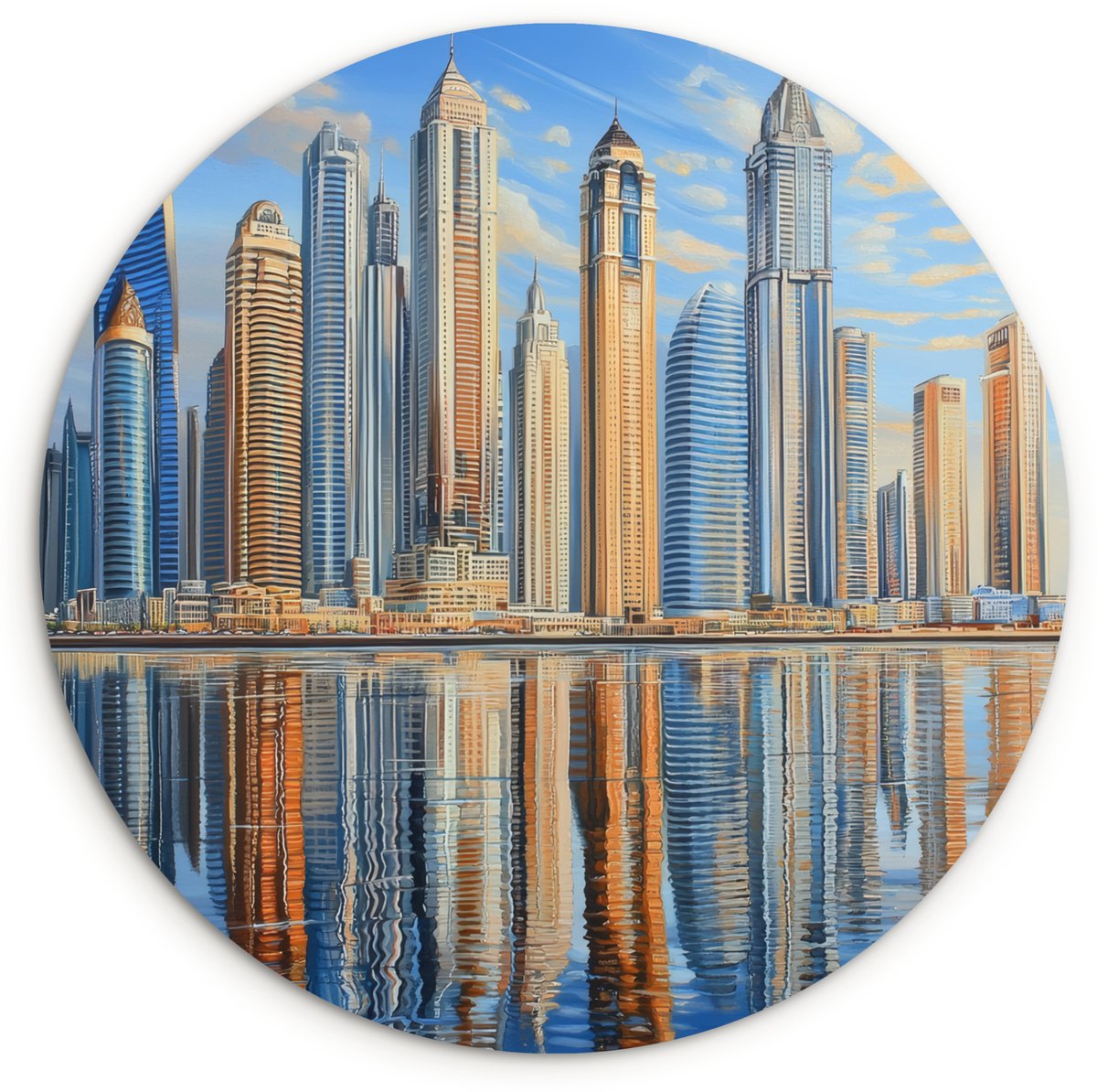 WallCircle Wandcirkel 90x90 cm - Muurcirkel Skyline - Wolkenkrabbers - Water - Blauw - Muurdecoratie woonkamer - Wanddecoratie slaapkamer - Kamer decoratie accessoires - Ronde schilderijen
