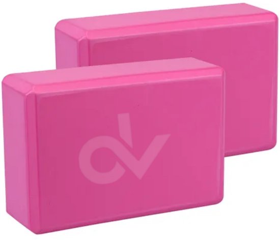 Deux blocs de yoga roses DV en mousse. Un bloc avec logo est au premier plan.
