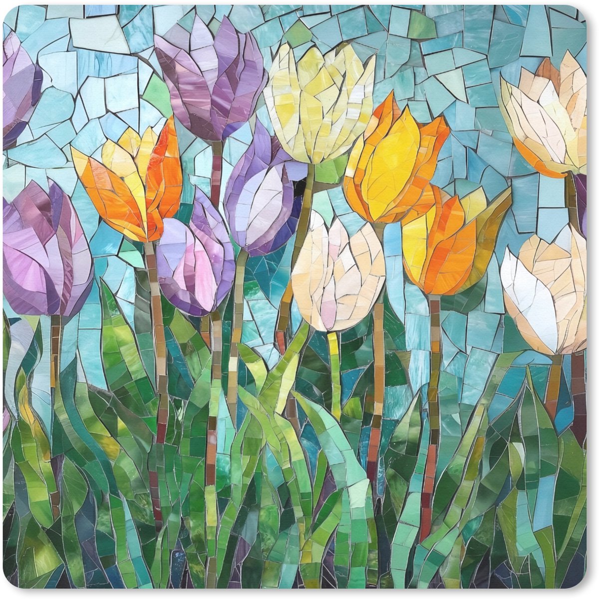 Muismat 30x30 cm - Mousepad Mozaïek - Veld - Tulpen - Kleurrijk - Muismatten