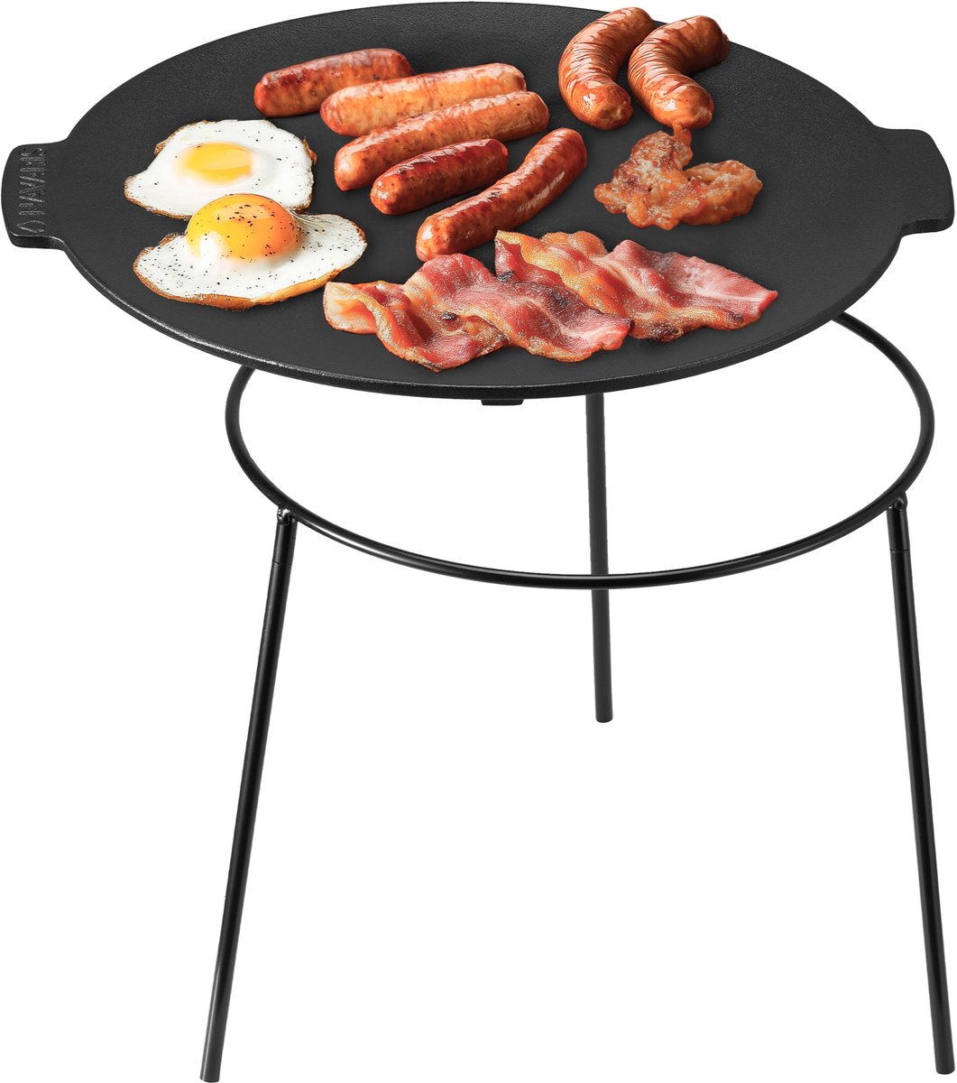 Navaris Gietijzeren grillplaat - 34 cm diameter - Met afneembare poten - Ook een BBQ - Gietijzeren pan BBQ - Grill plaat - Bakplaat - Zwart
