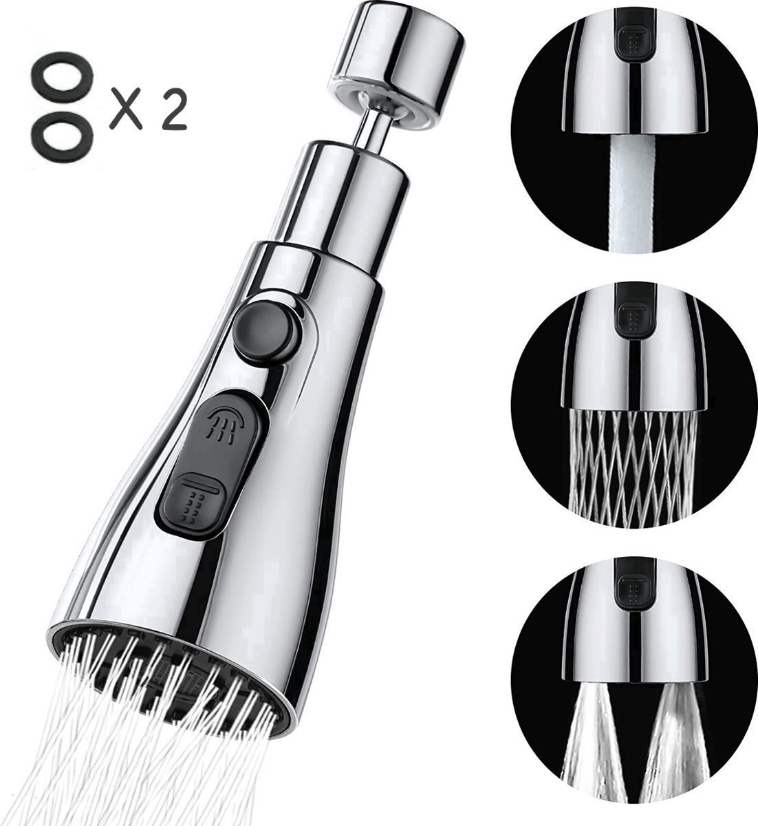 Kraan opzetstuk - 360 graden draaien -Keuken Tap G1/2- 3 standen -Kraankop- Afwassen - Keukenkraan - Waterbesparend -Flexibele kraankop - Verlengstuk - Kraanonderdelen - Roterende kraanslang - Kraan mondstuk - zilver