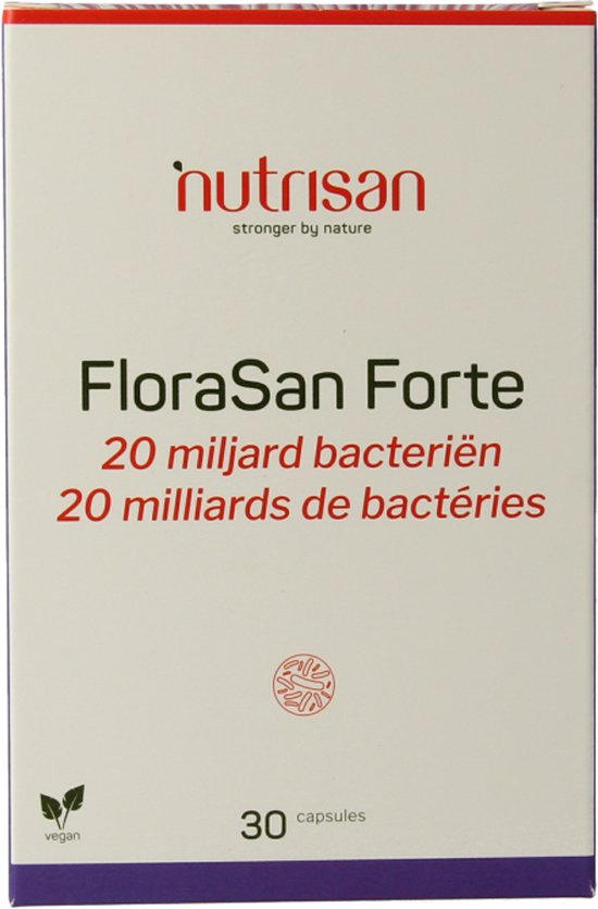 Doosje FloraSan Forte met 'nutrisan', '20 miljard bacteriën' en '30 capsules'.