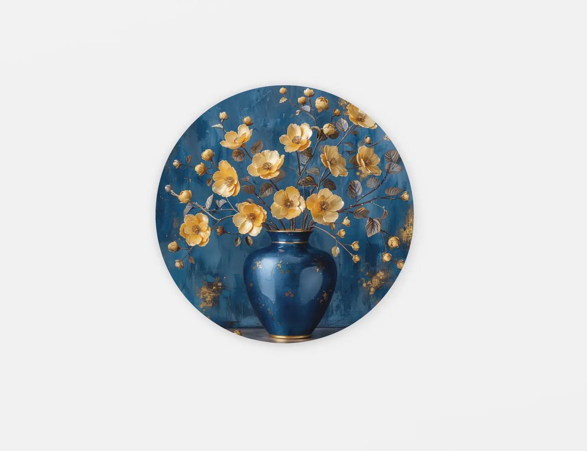 Trendex Global Rond Schilderij - Bloemen - Vaas vol bloemen - Muurcirkel - Wanddecoratie print op Dibond - 100 cm Blauw