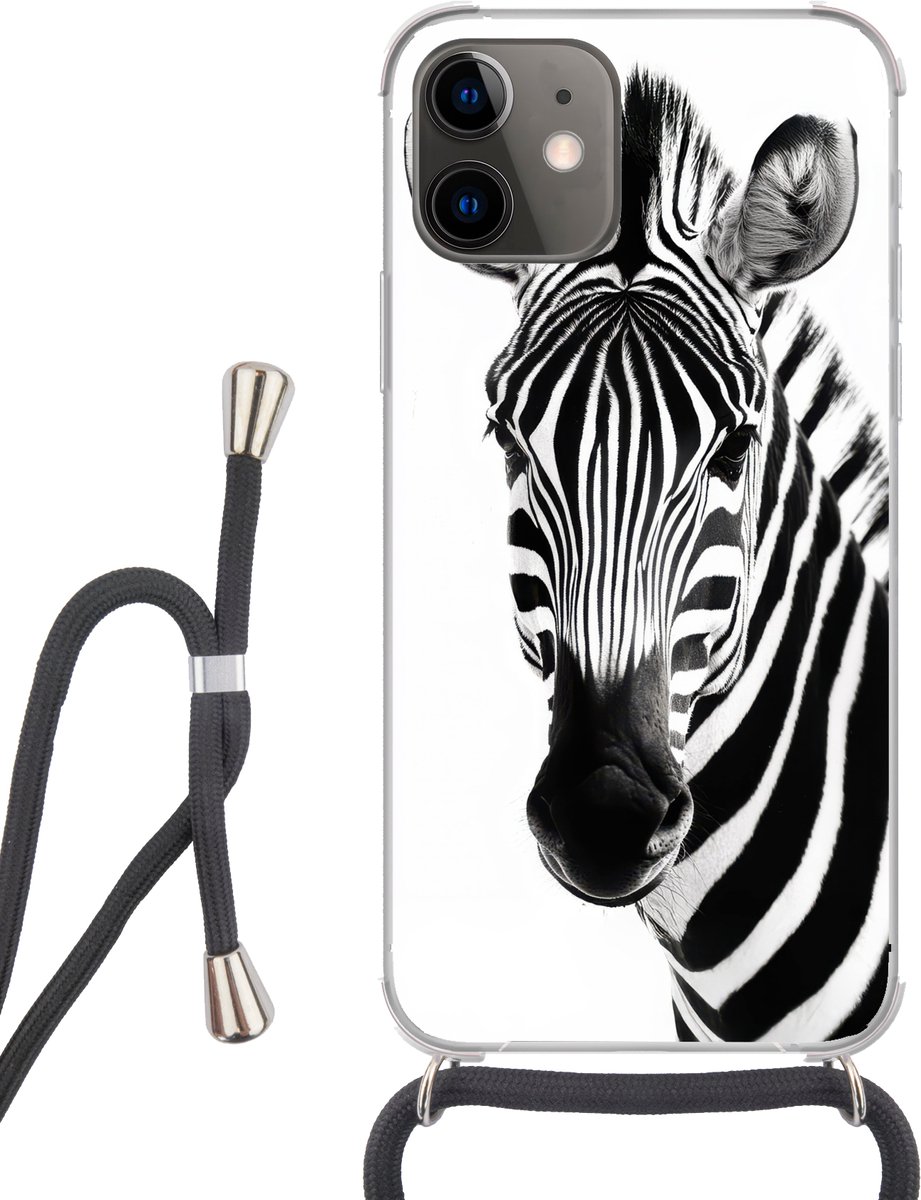 Telefoonhoesje Geschikt voor iPhone 12 - Zebra - Close-up - Zwart - Strepen - Siliconen - Crossbody - Backcover met Koord - Telefoonhoesje met koord - Hoesje met touw Telefoonhoesje