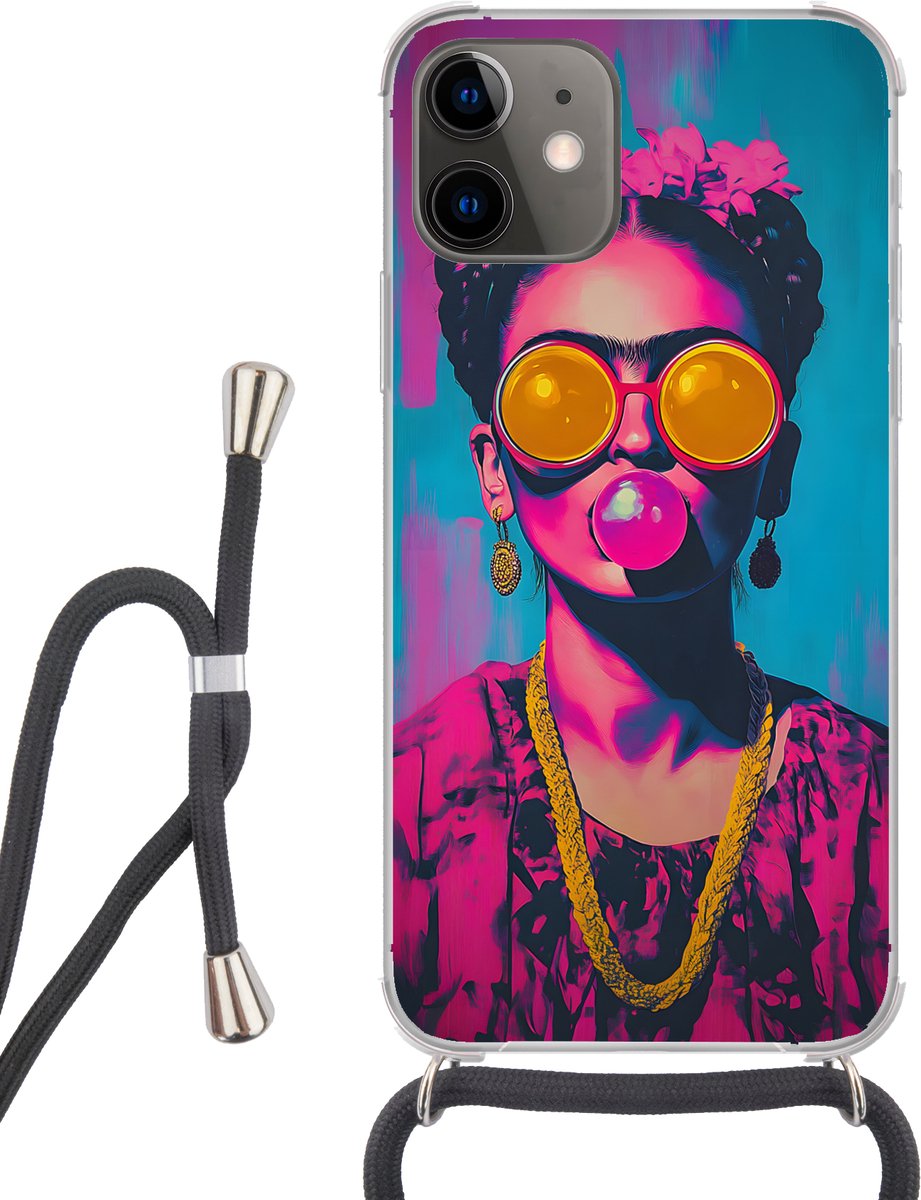 Telefoonhoesje Geschikt voor iPhone 12 - Vrouw - Kauwgom - Zonnebril - Oranje - Siliconen - Crossbody - Backcover met Koord - Telefoonhoesje met koord - Hoesje met touw Telefoonhoesje
