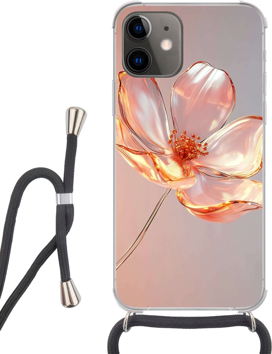 Telefoonhoesje Geschikt voor iPhone 12 Mini - Glazen - Bloem - Roze - Siliconen - Crossbody - Backcover met Koord - Telefoonhoesje met koord - Hoesje met touw Telefoonhoesje