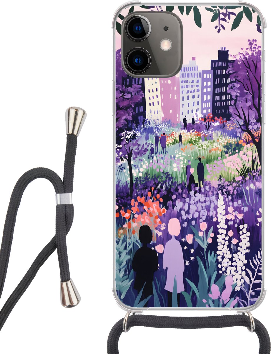 Telefoonhoesje Geschikt voor iPhone 12 - Park - Bomen - Bloemen - Gebouwen - Siliconen - Crossbody - Backcover met Koord - Telefoonhoesje met koord - Hoesje met touw Telefoonhoesje
