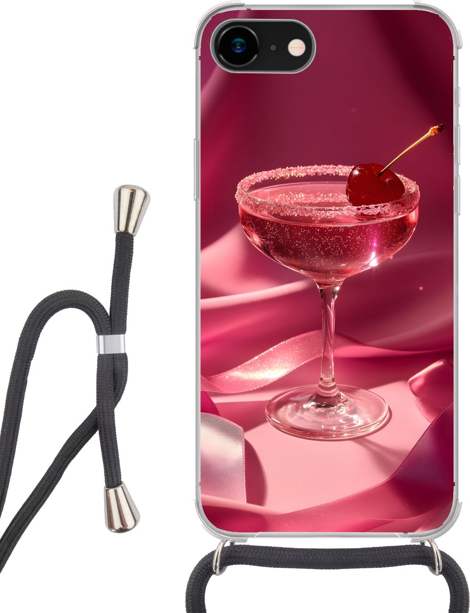 Telefoonhoesje Geschikt voor iPhone 7 - Cocktail - Pink - Luxe - Siliconen - Crossbody - Backcover met Koord - Telefoonhoesje met koord - Hoesje met touw Telefoonhoesje