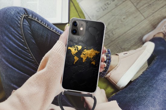 Étui de téléphone Convient pour iPhone 11 - Wereldkaart - Goud - Pierre - Siliconen - Cross - Coque arrière avec Cordon - Étui de téléphone avec cordon - Étui avec corde Étui de téléphone